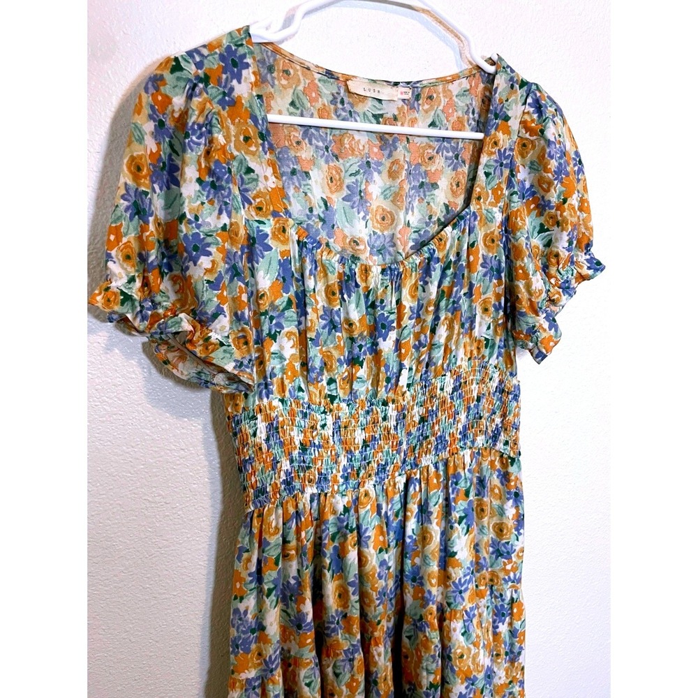 Women's Lush Floral Smocked Mini Dress Medium Blue Orange Excellent Tiered Rayon